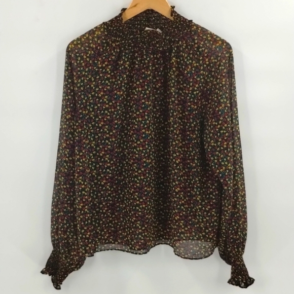 GAP blouse top sheer tiny floral black print large mock stretch collar f… - Picture 1 of 8